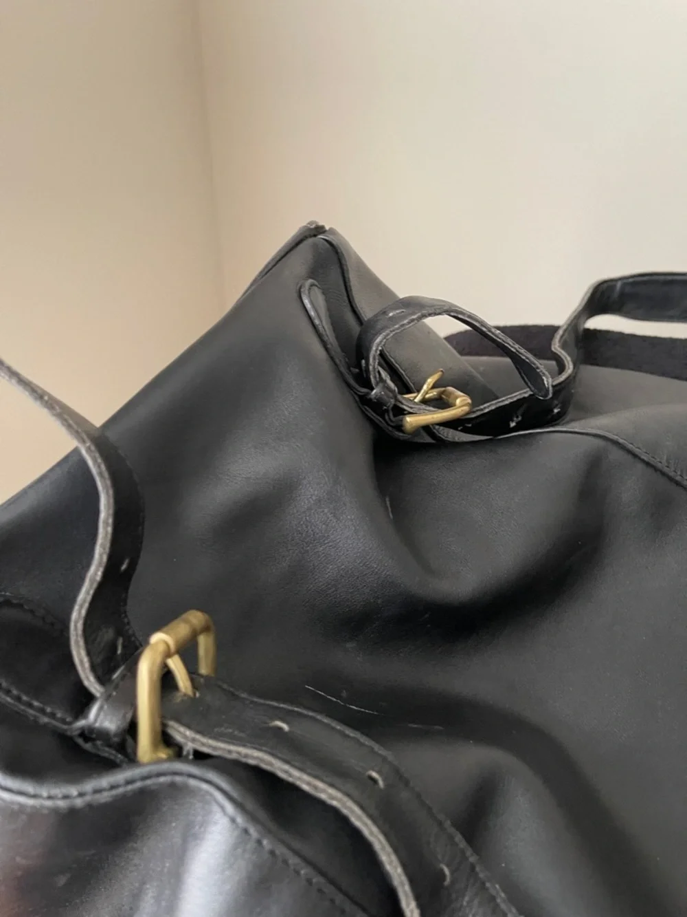 Coach Black Leather Drawstring Backpack with Front Zip Pocket